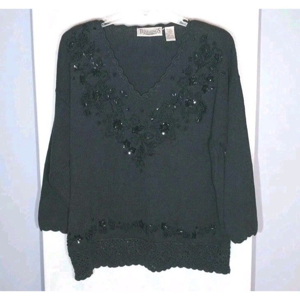 Vintage Trimmings Sweater Plus Size 22W Black Beaded Floral Crochet Hem